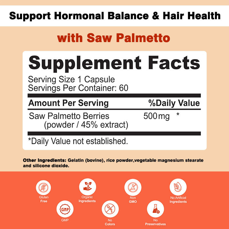 Не ГМО Капсулы Saw Palmetto 500 мг Комплексная поддержка Гормональный баланс Здоровье волос