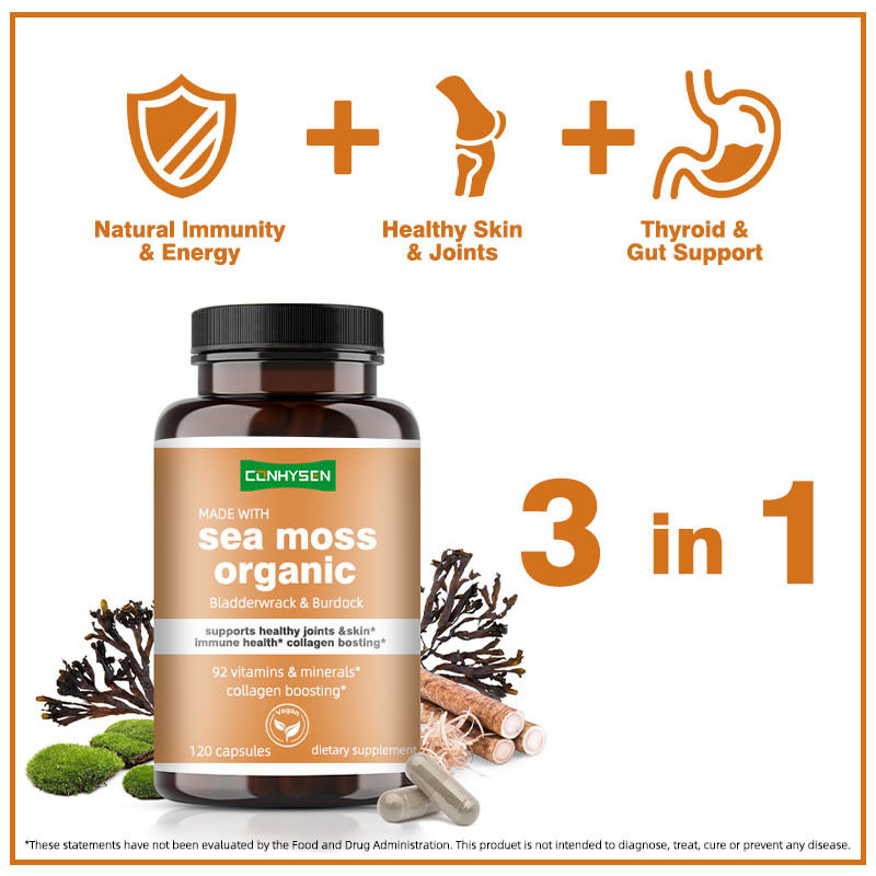 Органические капсулы морского мха с фукусом и лопухом для здоровья суставов и кожи