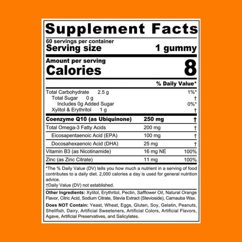 Жевательные конфеты Vigo-COQ10-250мг с добавлением Омега-3, витамина B3 и цинка. Коэнзим Q10 для здоровья сердца и клеточной энергии